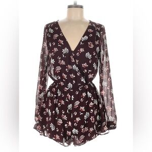 ASTR The Label | Maroon Floral Long sheer Sleeve Romper | Size XS
